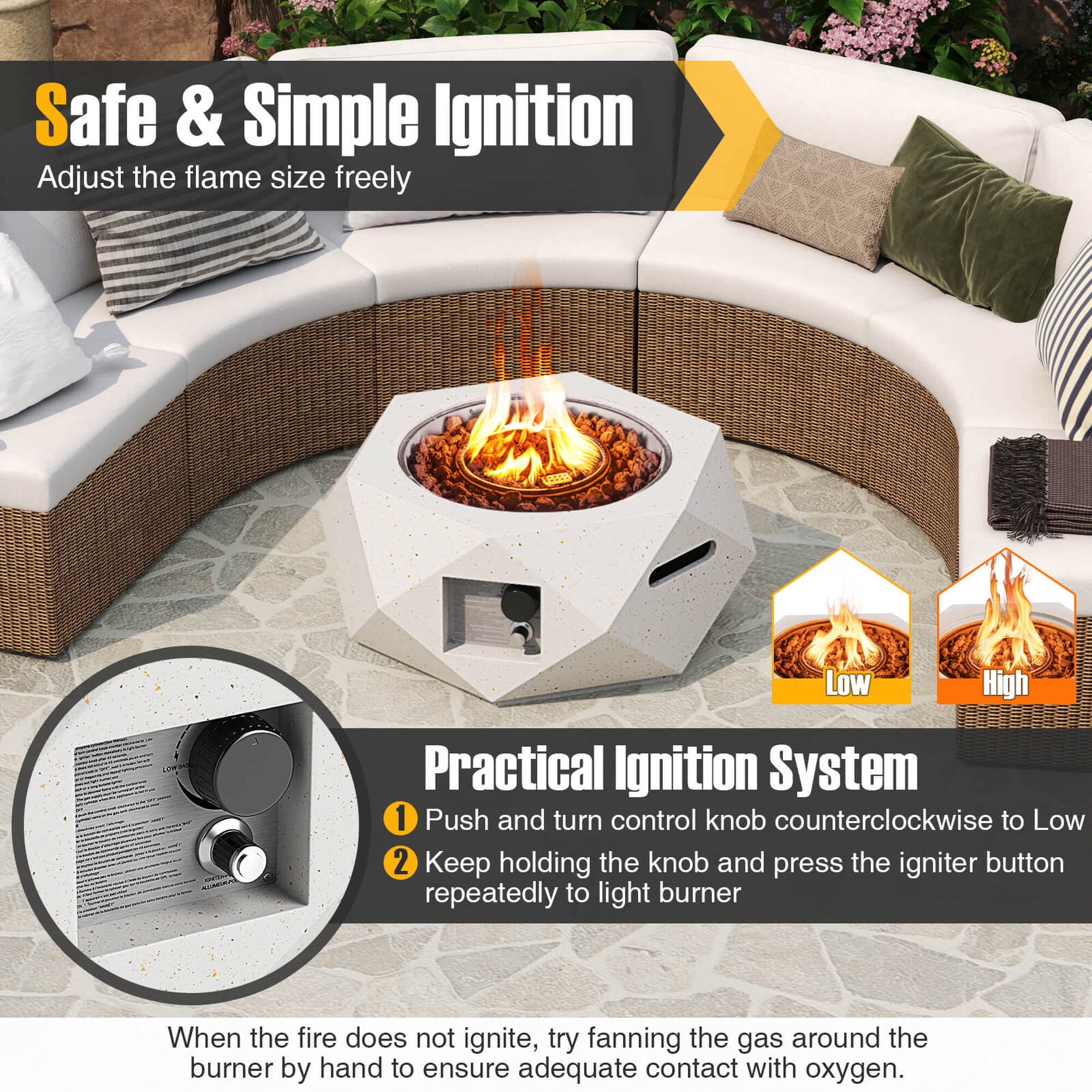 Costway 28" Hexagon Terrazzo Propane Gas Fire Pit with Stainless Steel Burner & Lava Rocks