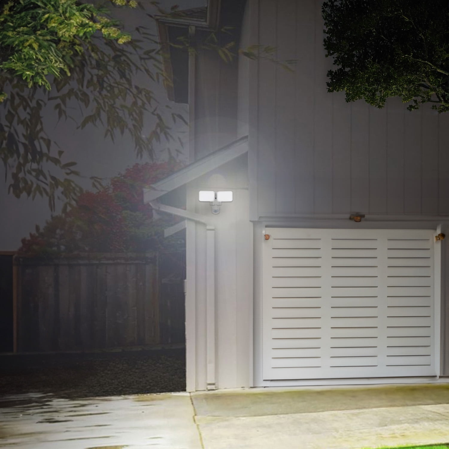 LED Flood Security Light with GFCI Outlets& Motion Sensor, Dusk to Dawn, 28W, Adjustable 2-Head, Wet Location, 5000K Daylight, ETL Listed, White