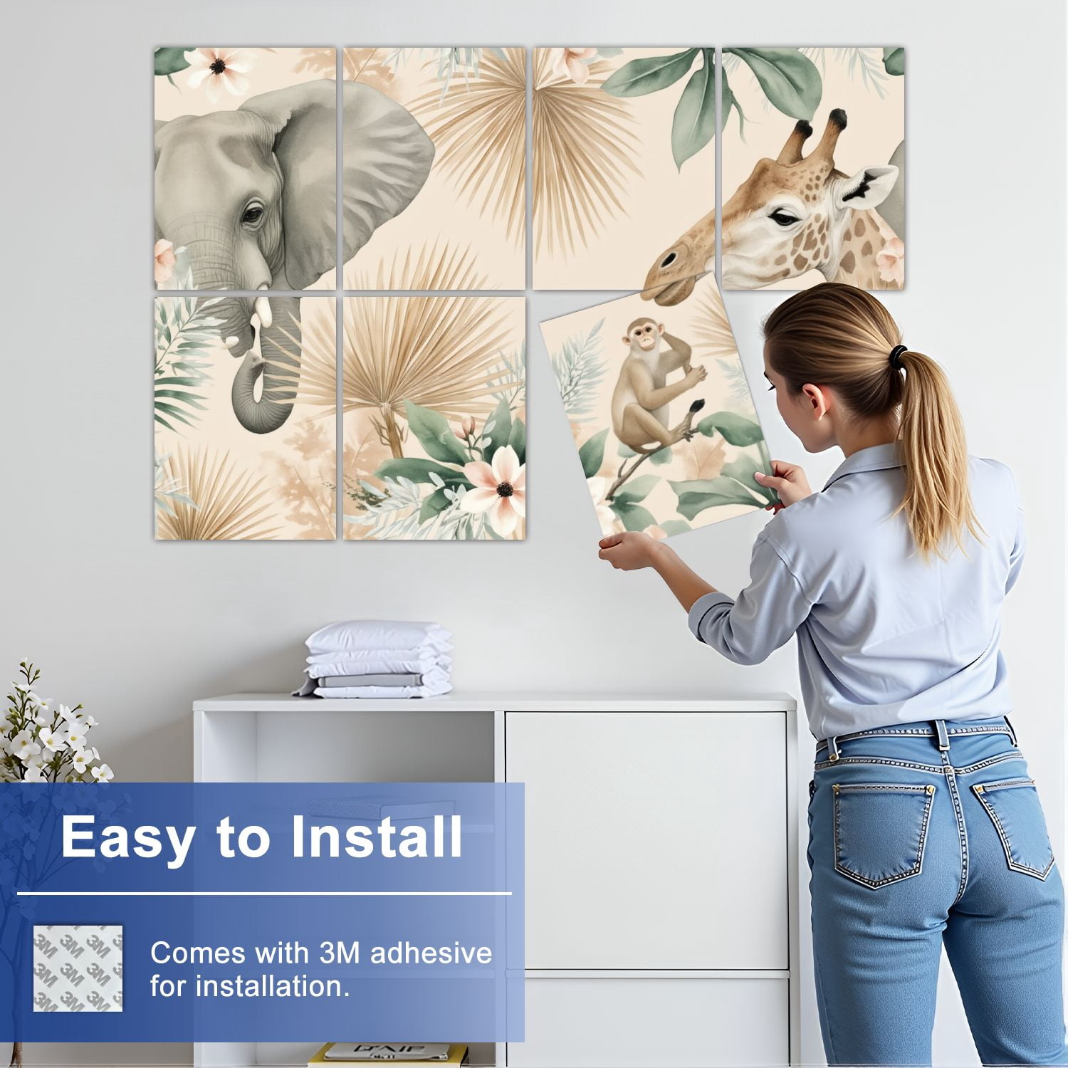 8 Pack Art Acoustic Panels Sound Absorbing Wild African Animals Tropical Leaves Watercolor Decorative Soundproof Wall Panels Self Adhesive for Nursery Game Room Bedroom 48"x32"