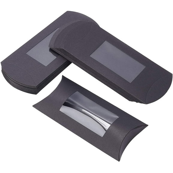 30pcs 6x3x1 Inches Black Kraft Paper Pillow Boxes with Clear Window Candy Packaging Box Treat Box for Birthday Wedding Party DIY