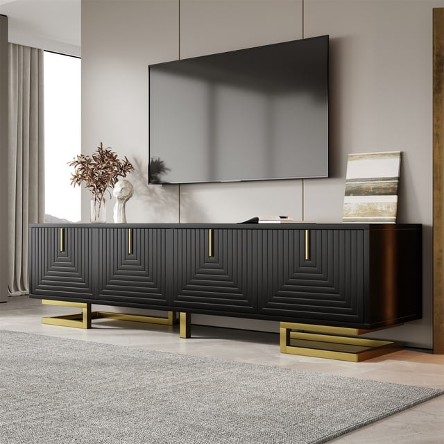 Meuble Télé Moderne Noir avec Accents Dorés - Console Multimédia avec Rangement