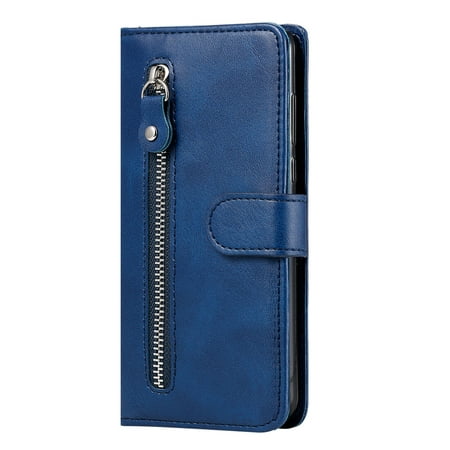 Case for Motorola MOTO E7 PLUS Zipper Pocket Wallet Leather Case Magnetic Closure Flip Cover - Blue