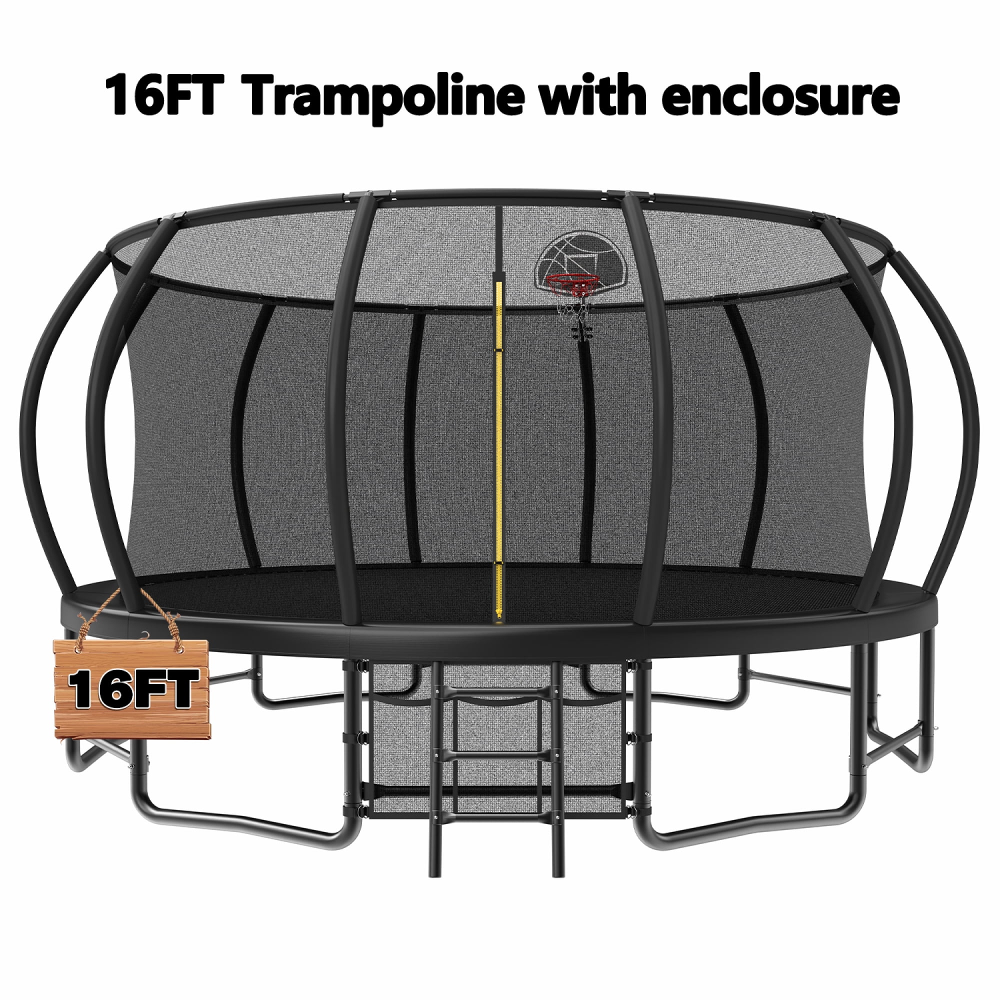 16FT Trampoline for Kids and Adults,Outdoor Pumpkin Trampolines with Curved Poles,Heavy Duty Trampoline with Ladder and Basketball Hoop,Black