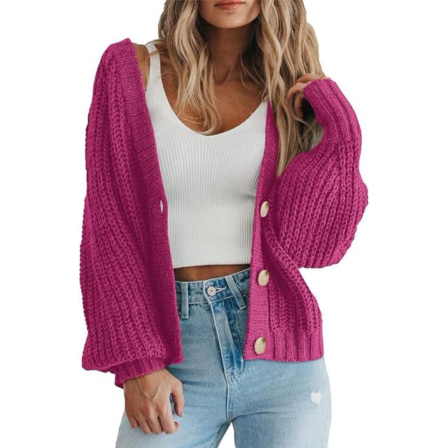 Suéter tipo cárdigan de punto grueso de moda de otoño e invierno para mujer, chaqueta tipo cárdigan corta holgada con botones y manga larga
