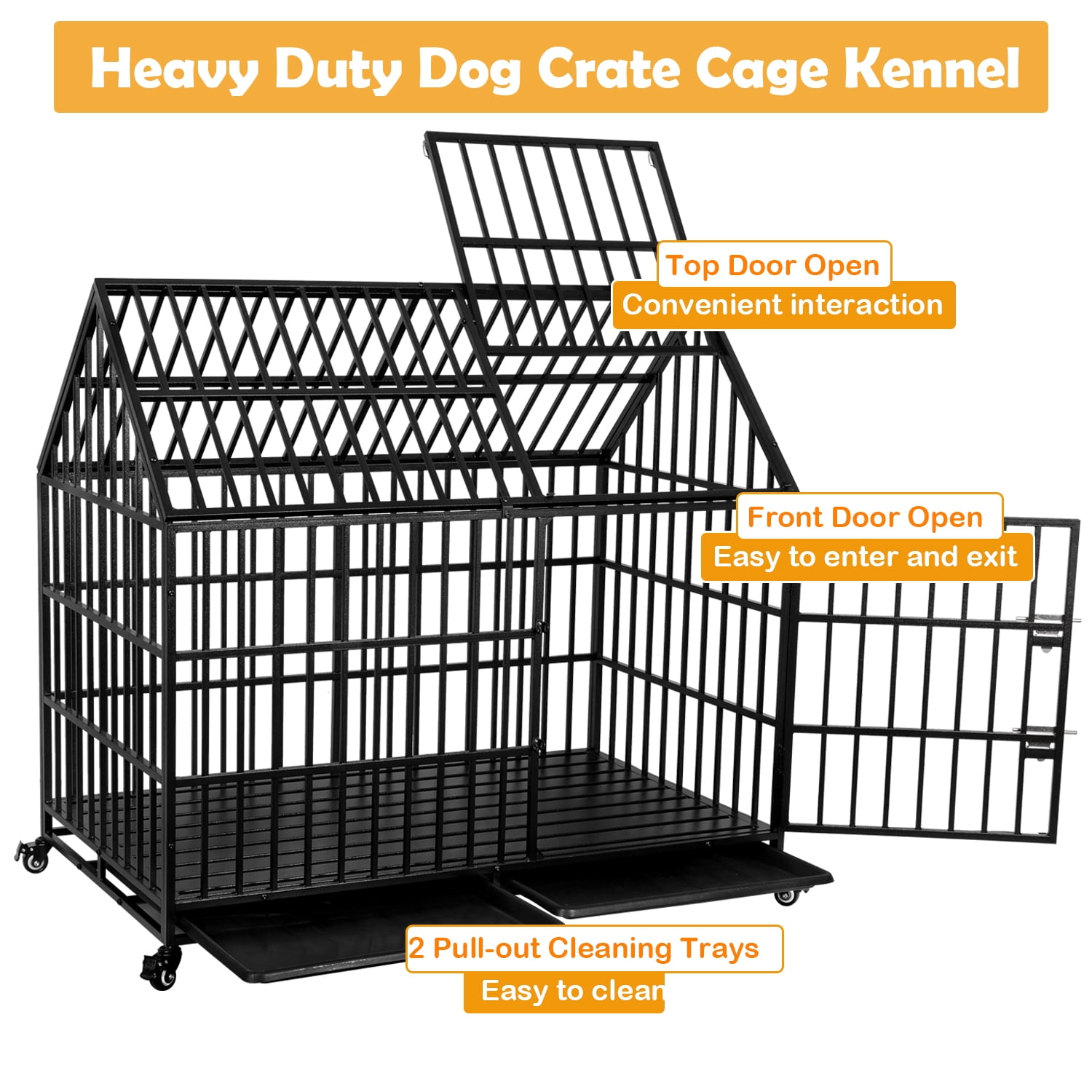 Ufyerutg 50'' Indestructible Heavy Duty Dog Crate, Escape Proof Strong Steel Impact Pet Cage for Large Giant Dogs, High Anxiety Sound Proof Chewproof Kennel Double Door with Trays and Wheels