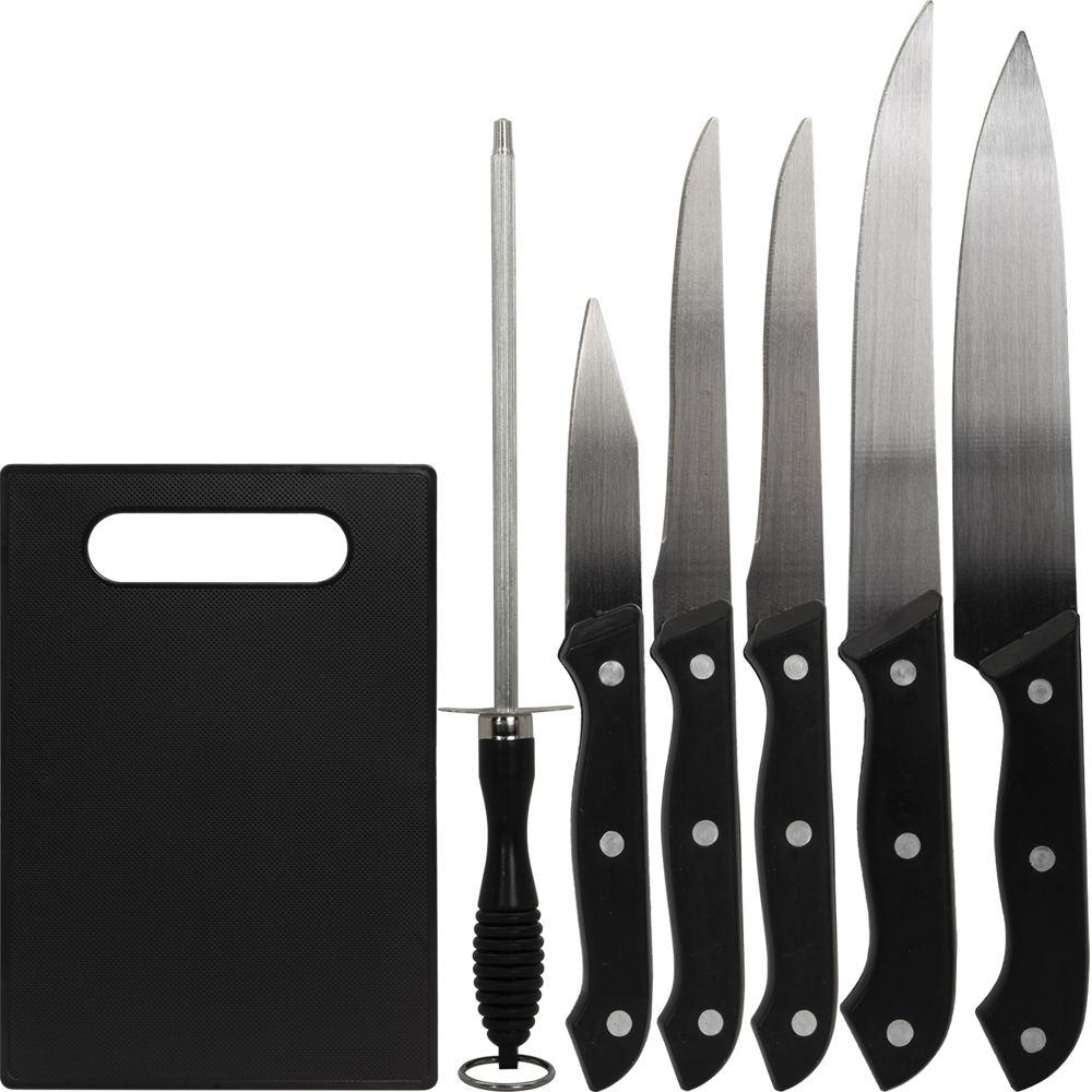 Deco Essentials CK6PC 5-Piece Knife Set with Cutting Board and Sharpening Steel (4-Pack) Bundle with Deco Essentials 3 Slot Manual Knife Sharpener and Deco Gear Kitchen Safety Cut Resistant Gloves