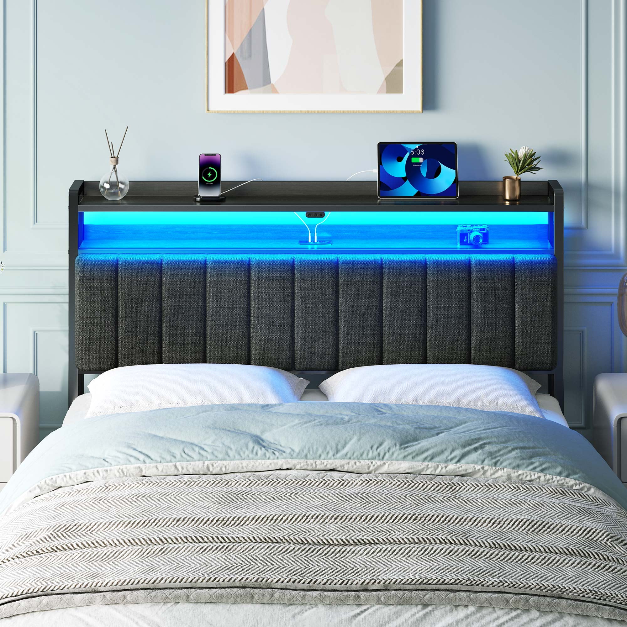 Greenstell Full Size Adjustable Storage Headboard - Modern Black Upholstered Bed Frame with LED Lights, Charging Station & Soft Padding, Linen