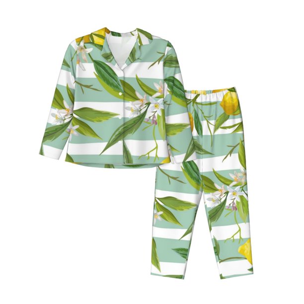 Balery Lemon Conjunto de Pijama con Estampado para Mujer, Conjunto de Dos Piezas con Manga Larga, Ropa de Dormir Suave con Bolsillos, Pijamas Cómodos-Medium