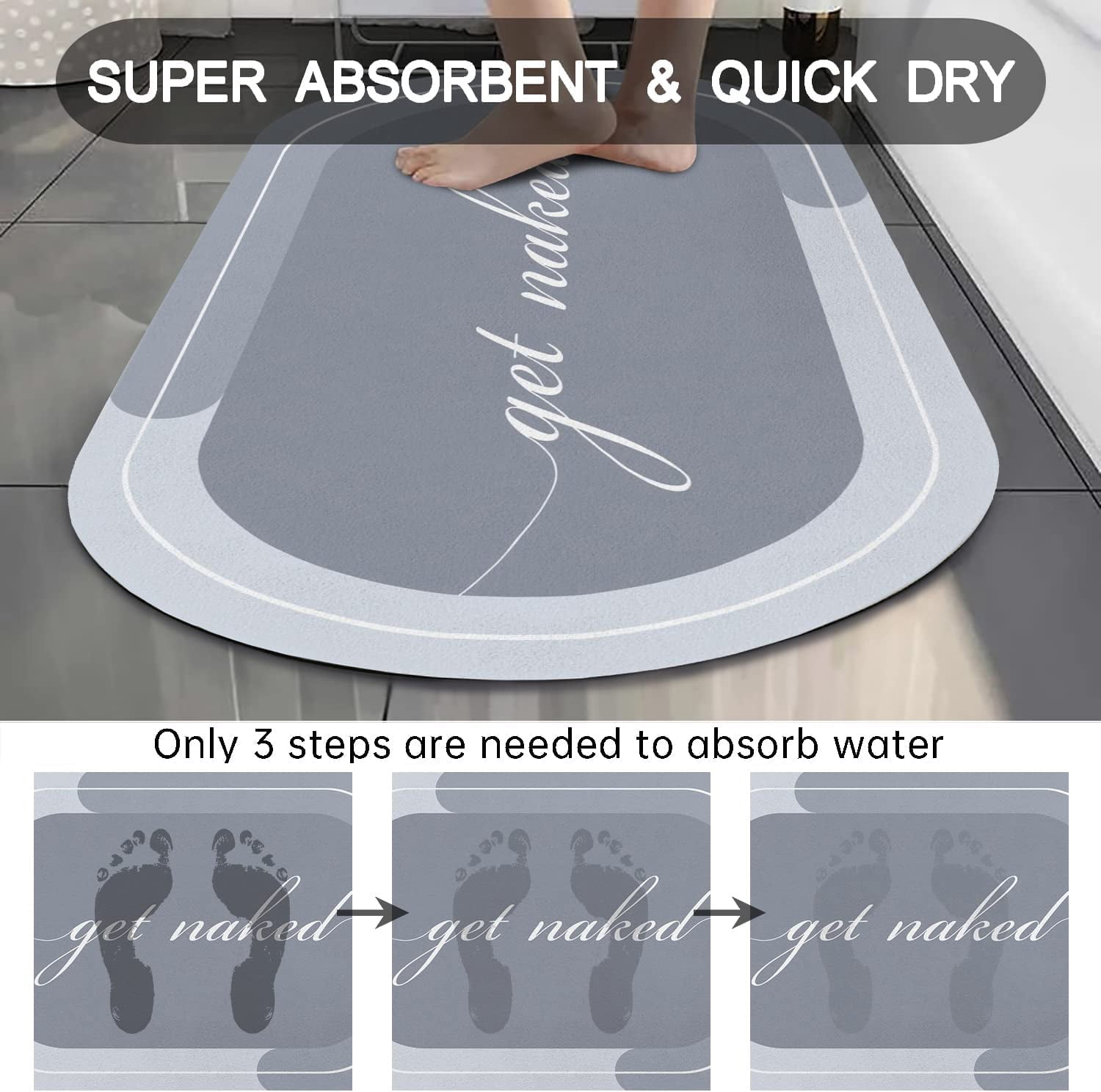 Funny Get Naked Bath Mat 20"x32" Super Water Absorbent Quick Dry Rubber Backed Washable Fun Bathroom Rugs Non Slip Bath Rugs Mats for Shower Oval Blue Bathroom Rug