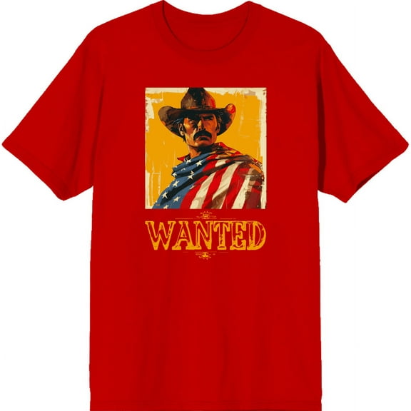 "Wanted" Cowboy With American Flag Adult Red Crew Neck Short Sleeve Tee-Medium