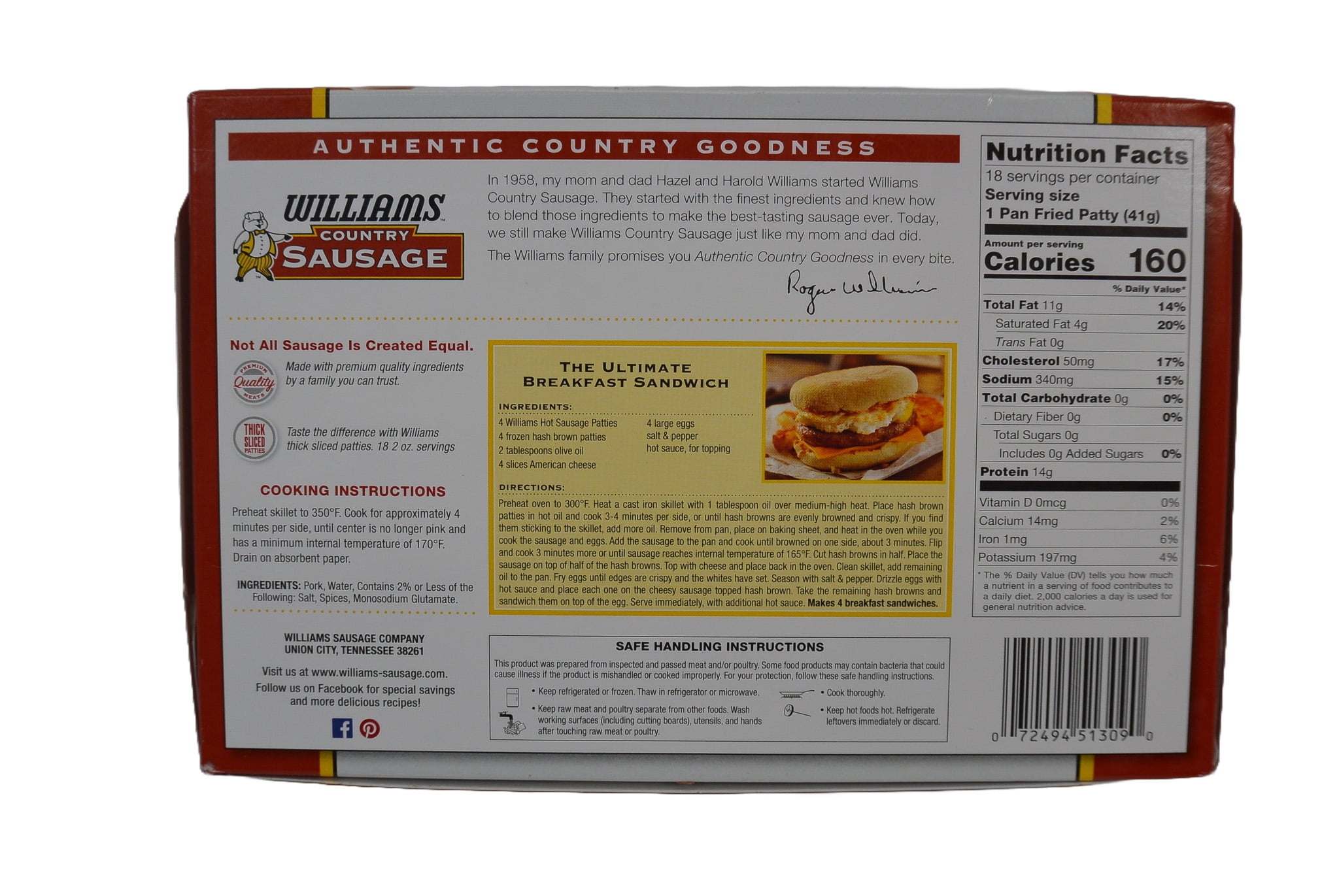 Williams Hot Country Pork Sausage Boxed Patties, 36 oz, 18 count