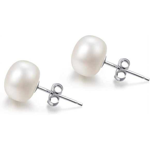 Freshwater Pearl Earrings Real 925 Silver Pearl Earrings Studs White 8-9MM Freshwater Cultured Pearl Earrings Studs