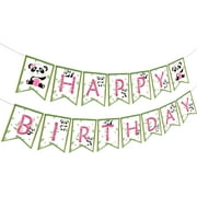 Pink Panda Happy Birthday Banner for Girls - Panda Bamboo Theme Birthday Party Supplies, Jungle Safari Animal Birthday Party Reveal Decorations