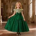 thumbnail image 2 of Ulitacool Girl Dresses Sleeveless Dress With Embroidery Flutter Sleeves Tutu Party Gown And Bow Formal Attire O Neck Sundress Leisure Wear Dark Green 11-12 Years, 2 of 5