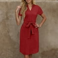 thumbnail image 5 of RYDCOT Womens Dresses Summer Ladies Fashion Casual Short Sleeve Solid Color V-Neck Solid Color Shirt Dress with Belt Midi Dresses Clearance Orange, 5 of 9