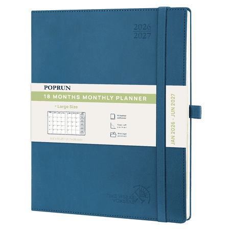 POPRUN Monthly Planner 2026-2027, Jan.2026 - Jun.2027, Large - 8.5" x 10.5", 18-Month Calendar Book, Calendar Planner with Monthly Tabs, Storage Pocket, Soft Cover, 100 GSM Paper - Night Sky Blue