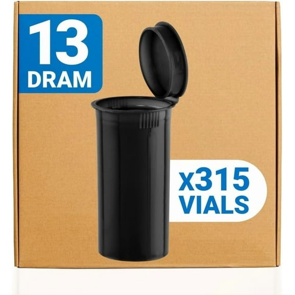 Loud Lock Pop Top Dram Bottles - Black - 13 Dram - 315 Per Case - 2.75" Deep X 1.26" Wide - Packaging Supplies - Pill Vials - Rx Vial