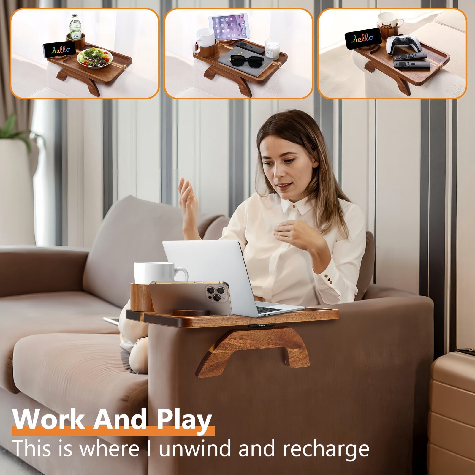 Kelno Couch Armrest Tray 3 in 1 Sofa Arm Tray Table with Swivel Cup Holder Phone Stand, Acacia