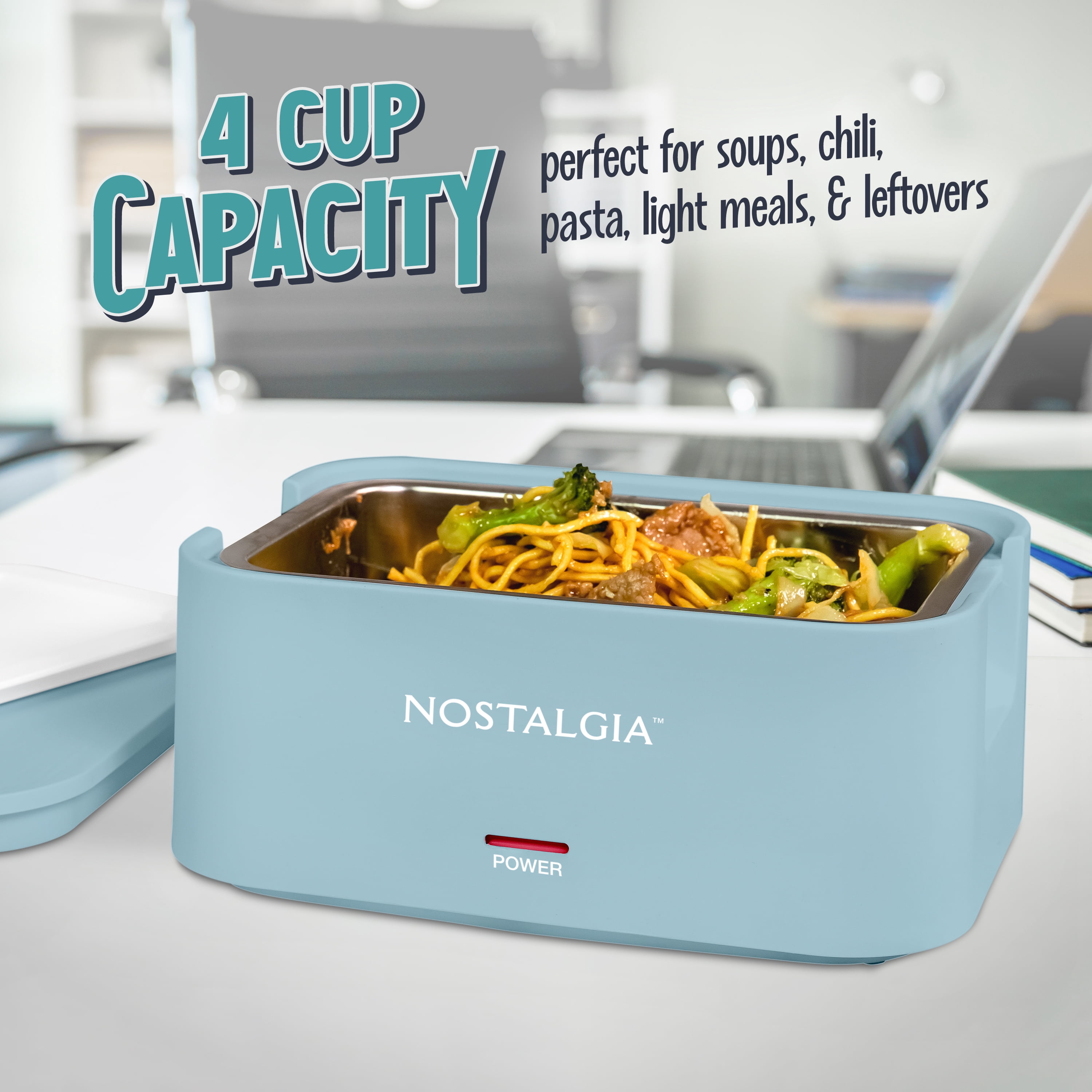 Nostalgia 32 oz Portable Heated Lunch Box with Stainless Steel Lunch Container, Chambray