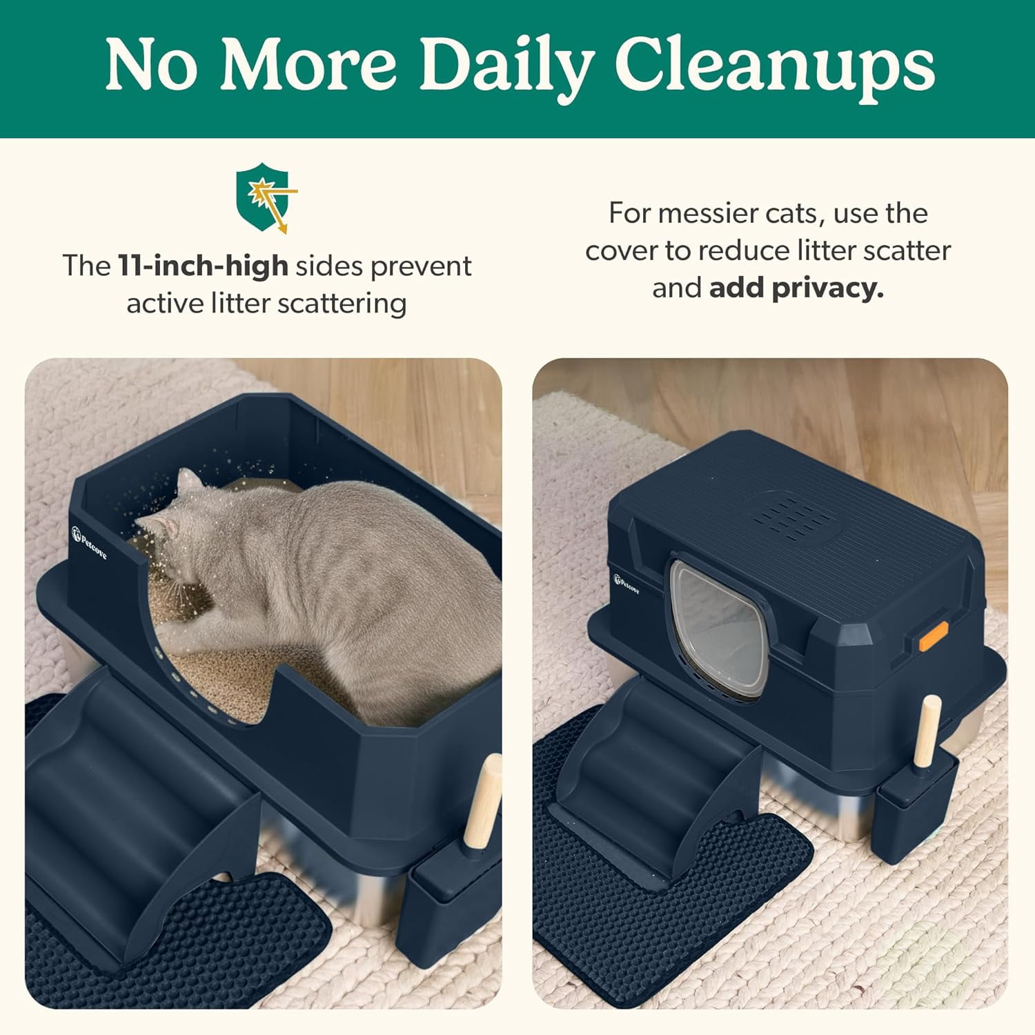 Petcove Stainless Steel Cat Litter Box XL with Lid – 3-in-1 Extra Large Covered Metal Cat Litter Box with High Wall Design & Carbon Filter – Blue