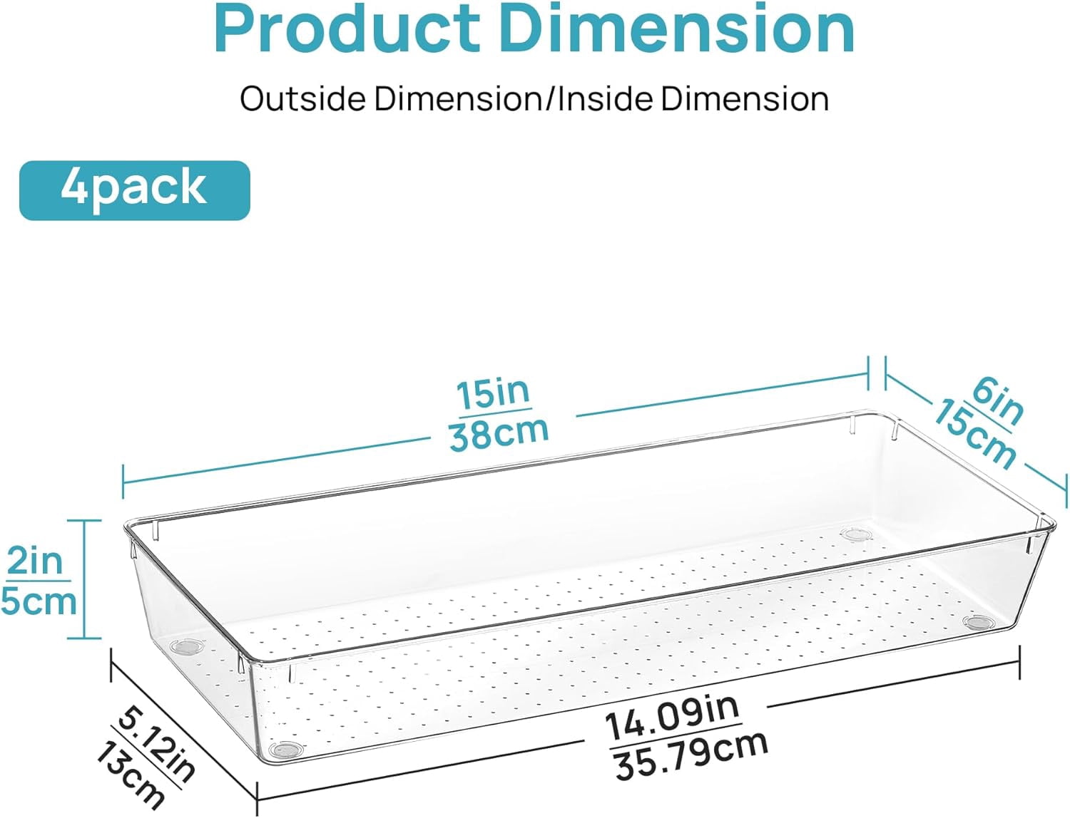 4 Pack 15" X 6" Kitchen Drawer Organizers, Clear Plastic Drawer Organizer Tray, Storage Bins for Flatware, Silverware, Utensil, Cutlery