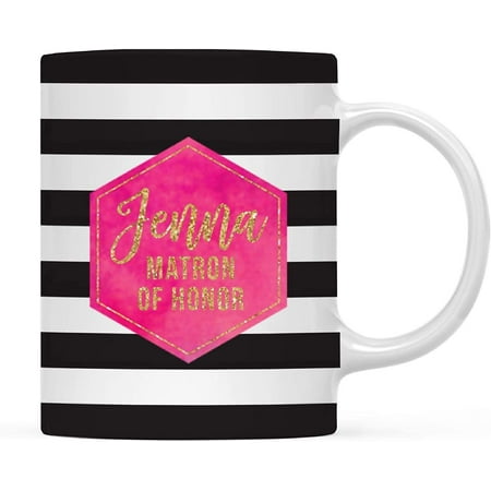 

CTDream Wedding Party Personalized 11oz. Coffee Mug Gift Jenna Matron of Honor Modern Black White Stripes Hot Pink Fuchsia Watercolor with Faux Gold Glitter 1-Pack Custom Birthday Ideas