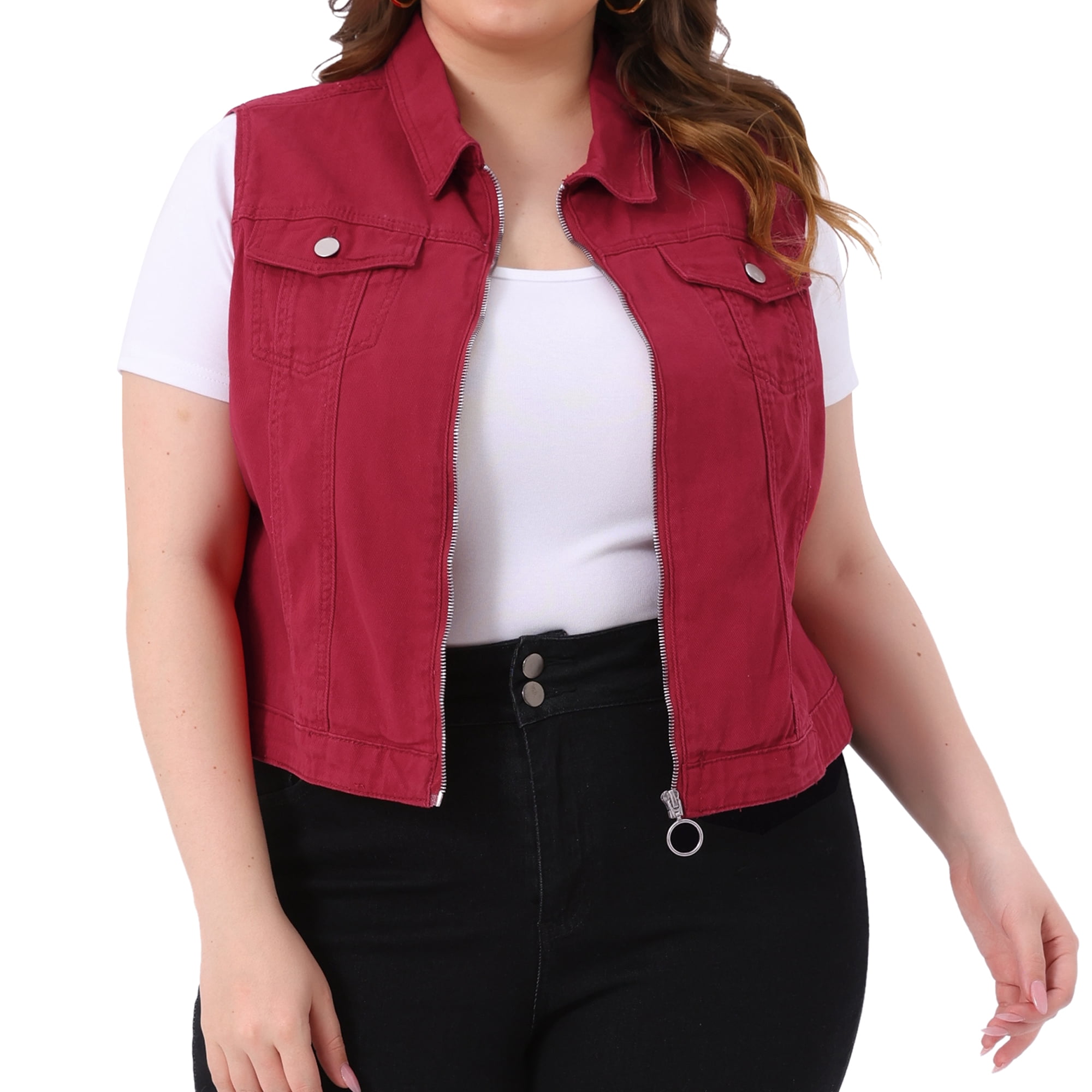DARING DIVA Women's Plus Size Sleeveless Zip Up Button Down Jeans Vest 1X Burgundy