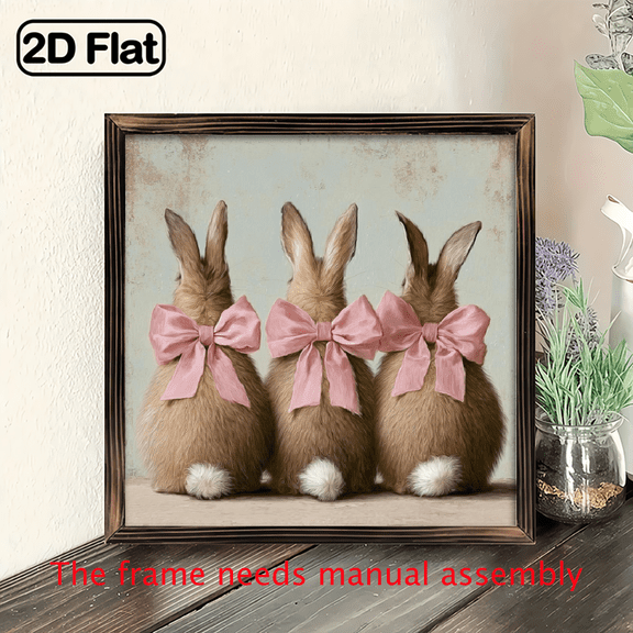 2D Flat, 1pc Vintage Wall with Pink Bows - Three Rabbits Framed Sign, Wood Farmhouse Decor Suitable for Easter, Spring, 8x8 Inch.