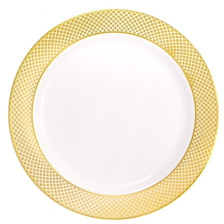 Rim Pasta Plate - Kaya Collection - Disposable White with Gold Diamond Rim Plastic Round 10.25