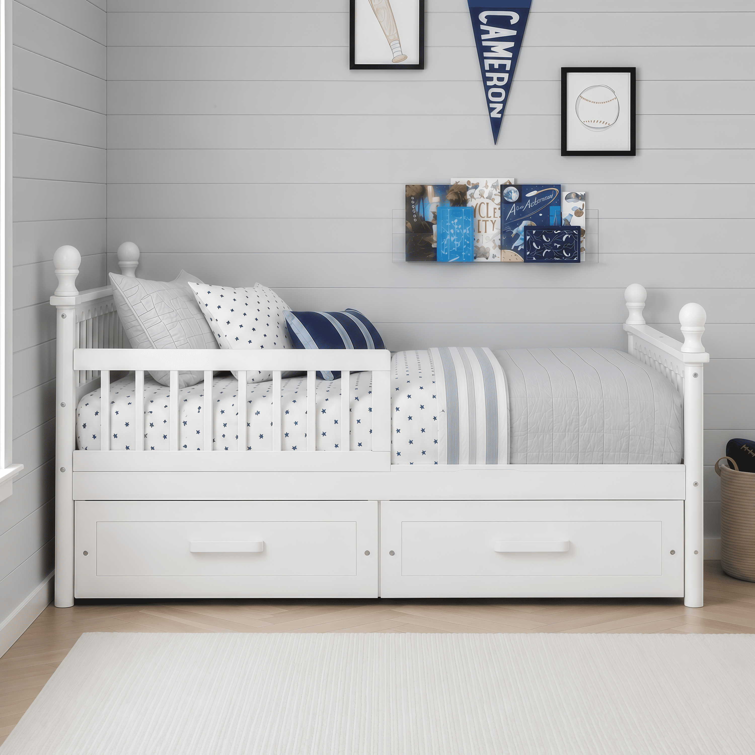 Euroco Wood Twin Size Platform Bed with Drawers, Low Profile Kids Bed with Safety Guardrails, No Box Spring Needed, White