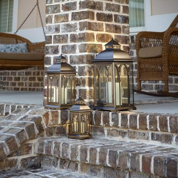 Pebble Lane Living, Lombard Metal Lantern Set of 3, Outdoor-Friendly, 11" H, 15" H, 20.5" H, Bronze