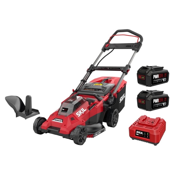 SKIL PWR CORE 20V 18-Inch Cordless Push Lawn Mower with 2*4.0Ah Batteries and Charger, PM4912B-20