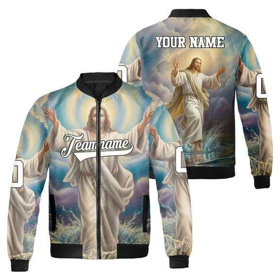 Personalized Jesus Christ Bomber Jacket – Custom Name Winter Coat for Men & Women – Religious Fashion Outerwear