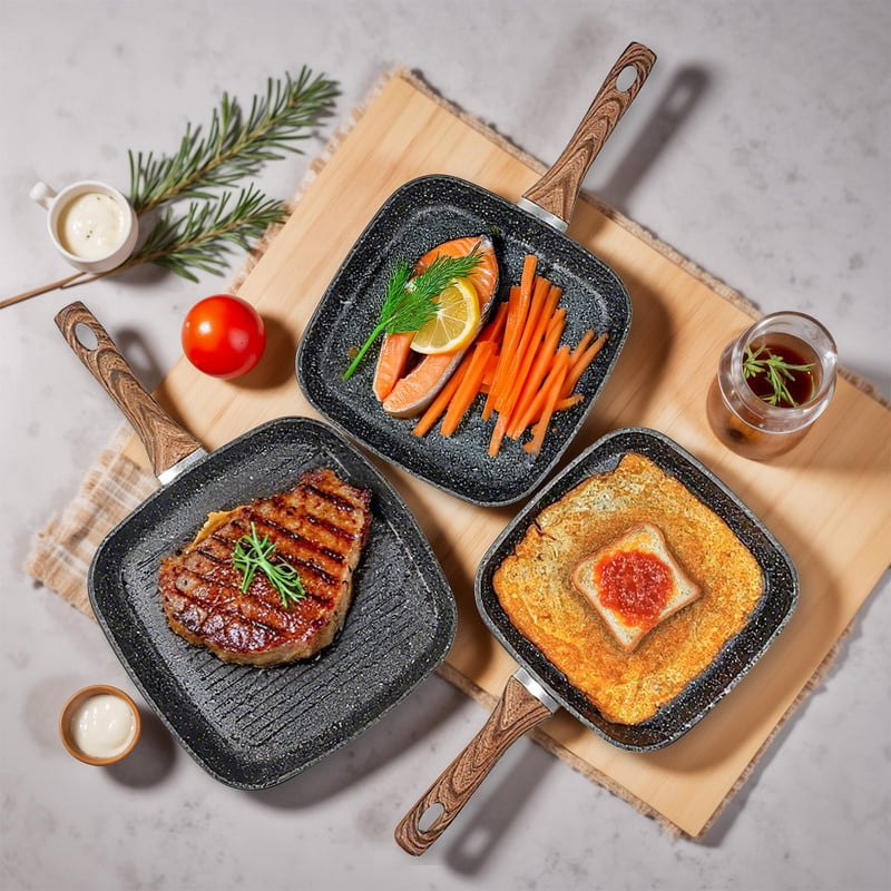 Sybels 3-Piece Nonstick Grill Pan Set, Square ，for Healthy Cooking, Universal for Induction Gas Electric Glass Stovetops, Cool-Touch Handle (9.5" 10" 11")，Black