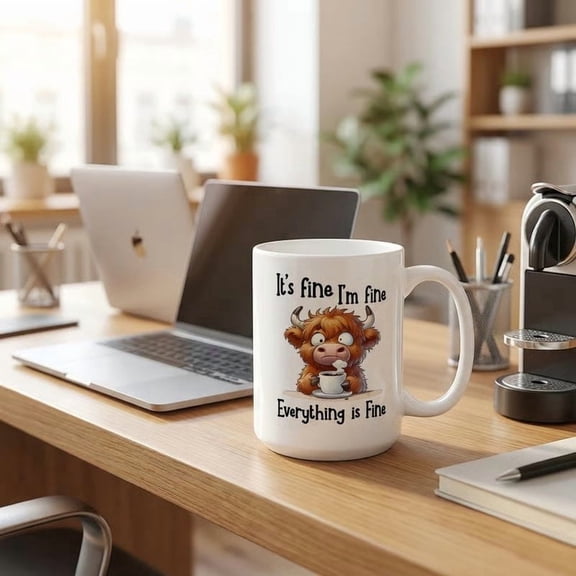It's Fine Highland Cow Mug 11oz Ceramic Coffee Cup with Inspirational Quote, Cute Cow Design, Dishwasher & Microwave Safe, Perfect Gift for Women Men