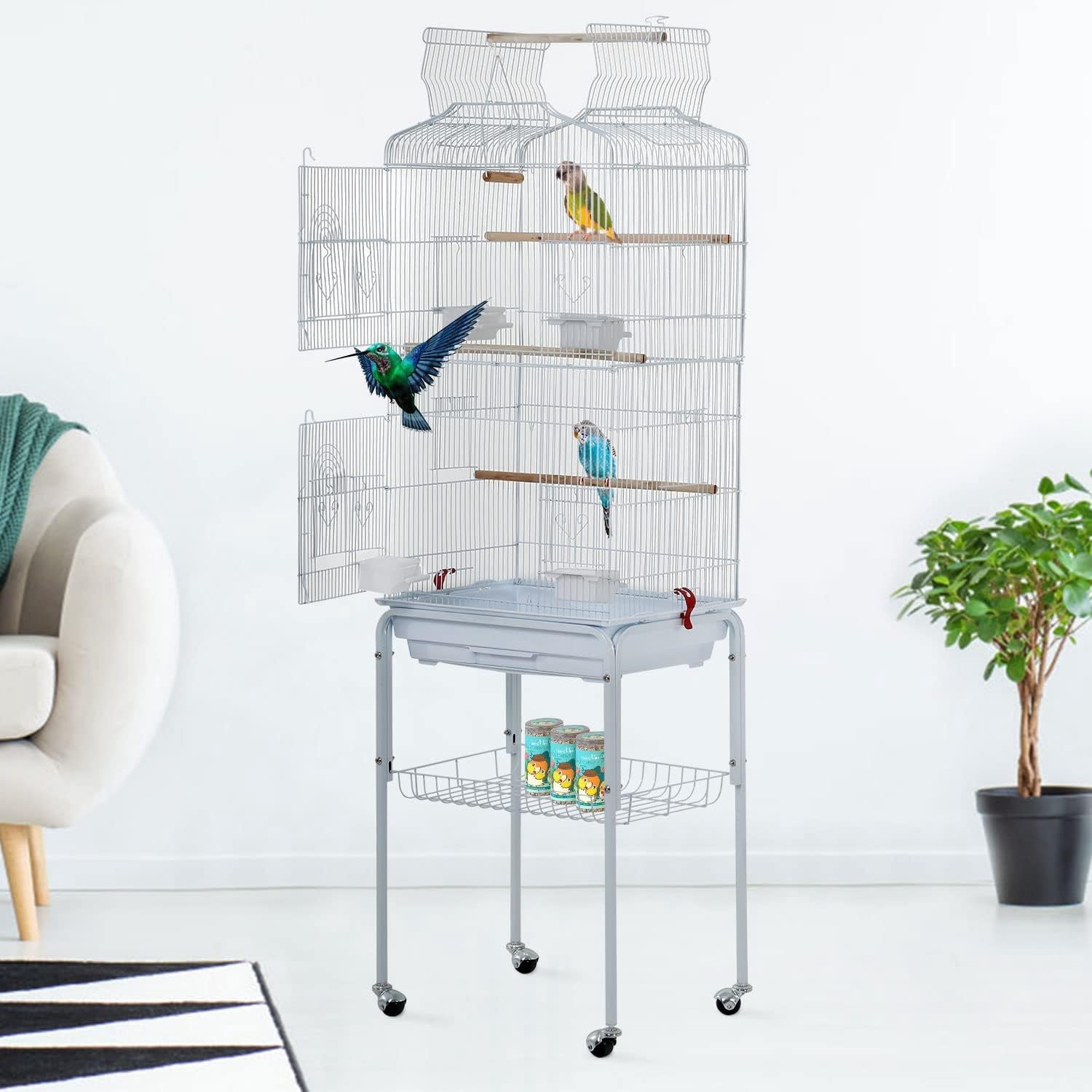 CL.HPAHKL 64-inch Large Bird Cage Play Open Top Design, Metal Parakeet Cage with Rolling Stand & Bottom Tray for Parakeet Lovebirds Ringneck Cockatiels Parrot Cage, White