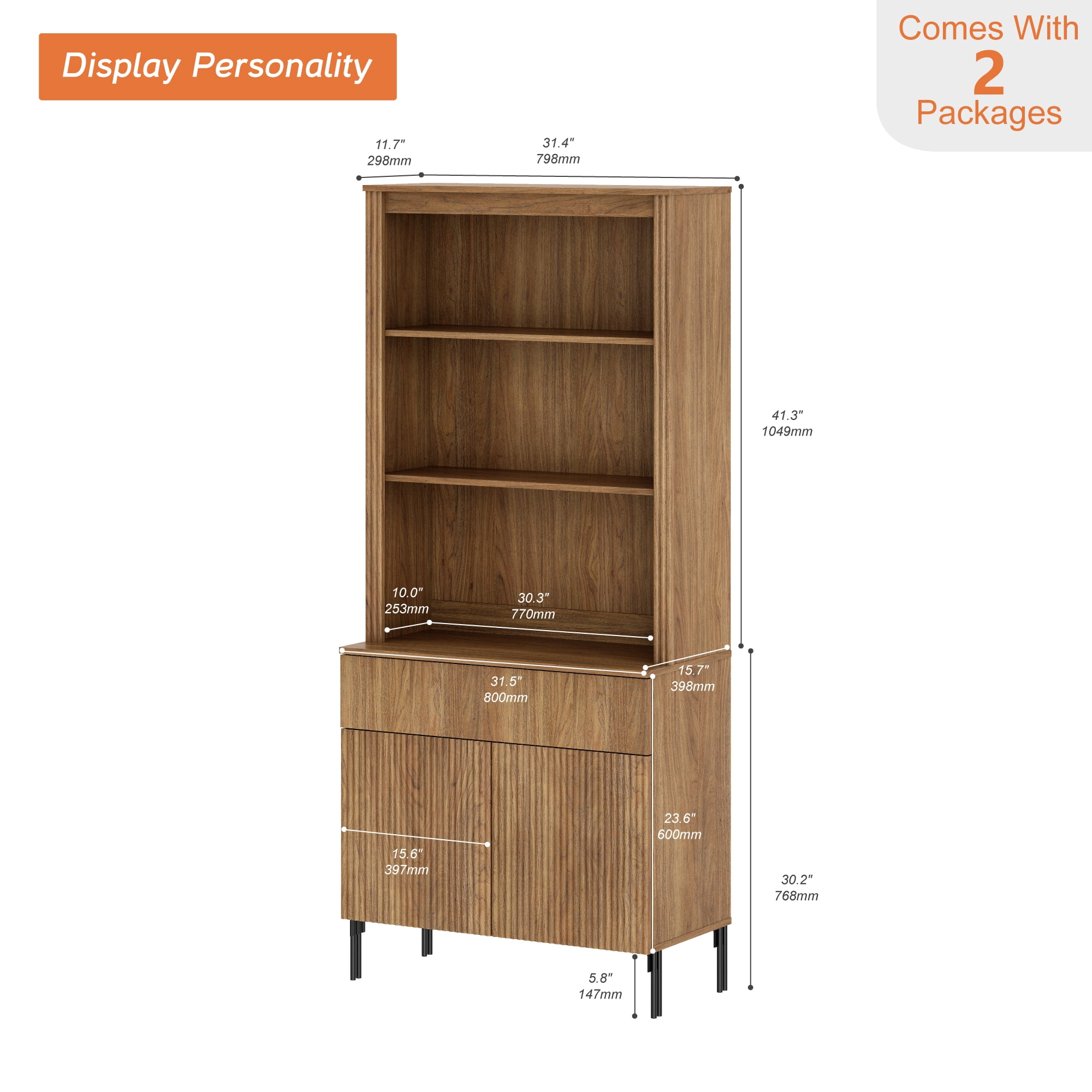71.6" Tall Modern 5 Tier Bookcase with Storage Cabinet, Wooden Display Cabinet with Fluted Doors and Drawer, Versatile Bookshelf for Living Room, Study, Office