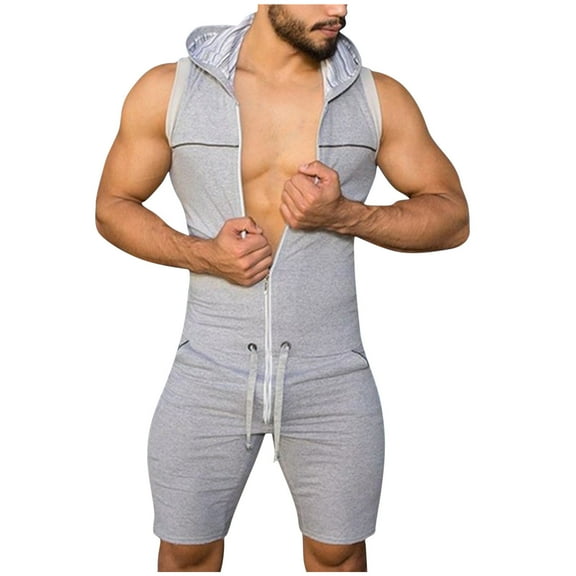 hopeusnice Mens Skinny Workout Casual Beach Jumpsuits Activewear Elastic Waist Drawstring Gym Sets Pants Solid Color Overall Fashion Summer Gray XL