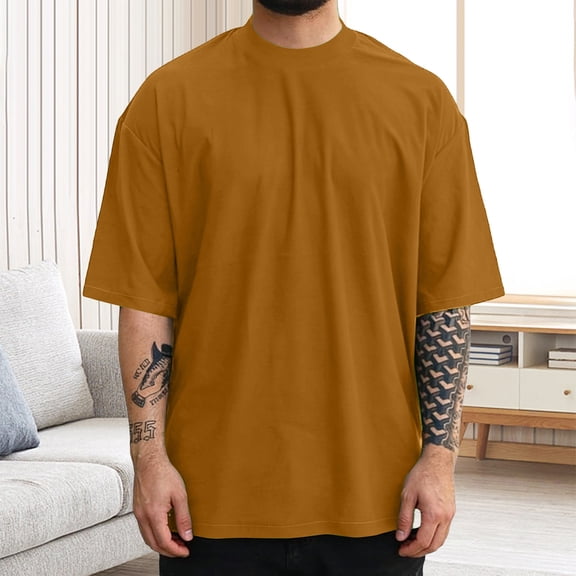 Mens Fashion Short Sleeve Tshirts Solid Color Oversized T-shirts for Men Summer Basic Short Sleeve Loose Fit Tops Khaki XXXL