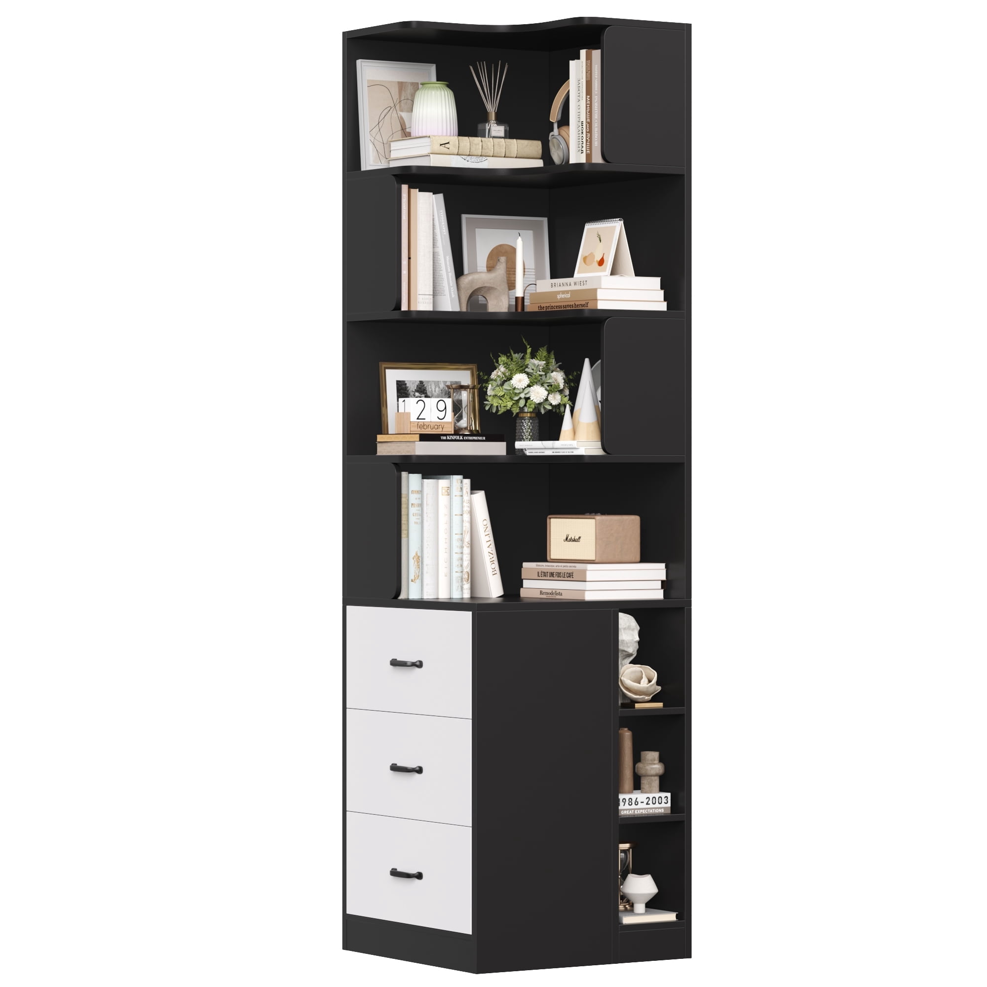 Hiphuta 77"Tall L-Shaped Corner Bookshelf with Drawers and Side Storage, Modern Wood Bookcase with 4-Tier Display Shelves Storage Cabinet for Living Room Home Office , Black & White