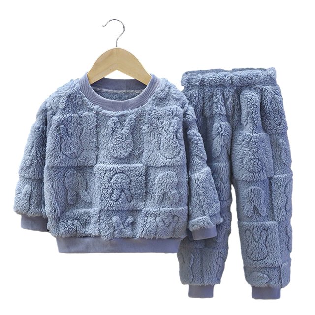 Pyjamas en Polyester pour Enfants 2 Pcs/ensemble Ensemble de Pyjamas pour Enfants Automne Hiver Couleur Unie Rabbit Col Rond Épais Chaud sous-Vêtements Thermiques Garçons Filles Manches Longues Haut Pantalon