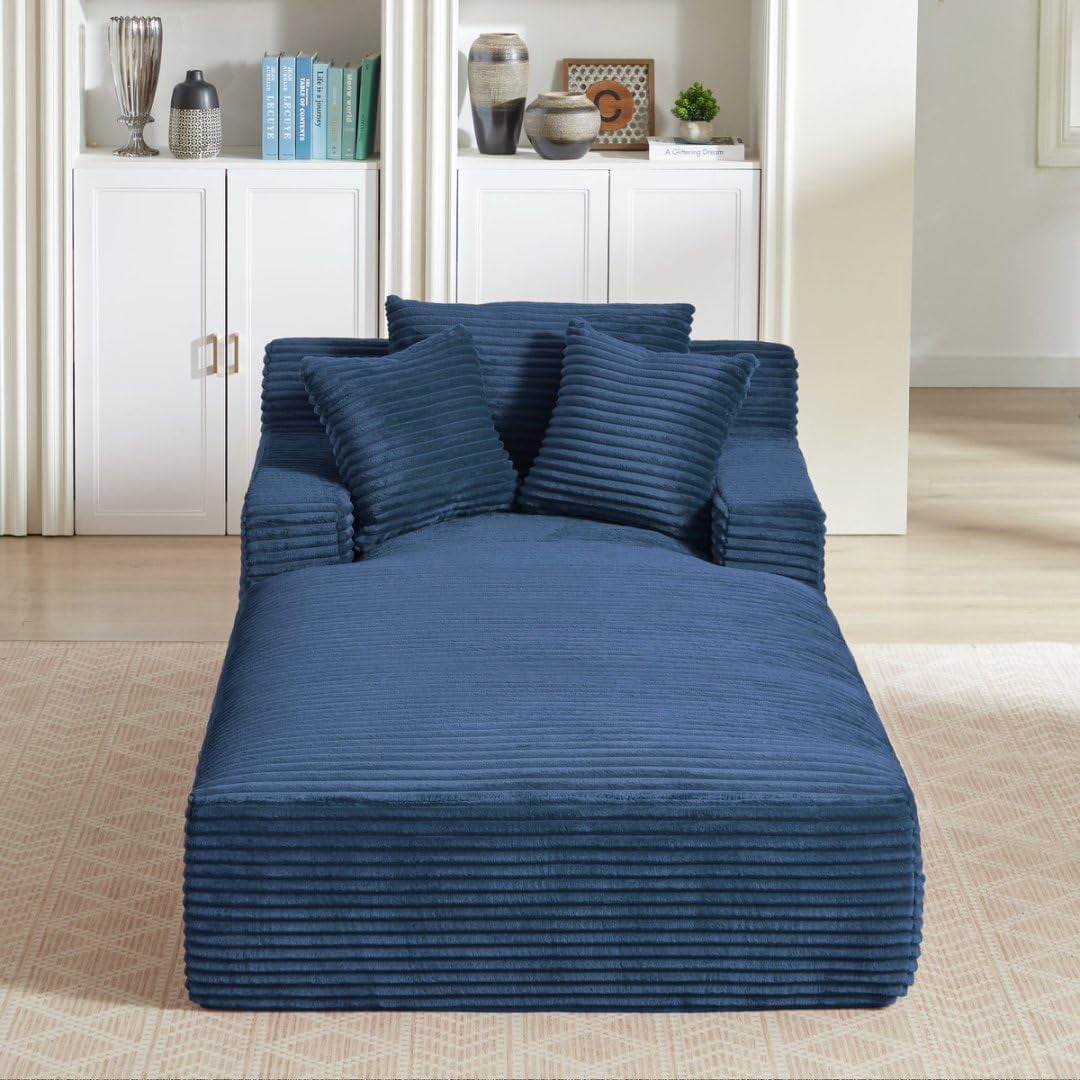 AENKYO 80" Oversized Corduroy Chaise Lounge, Fully Assembled, No Assembly Required, Blue