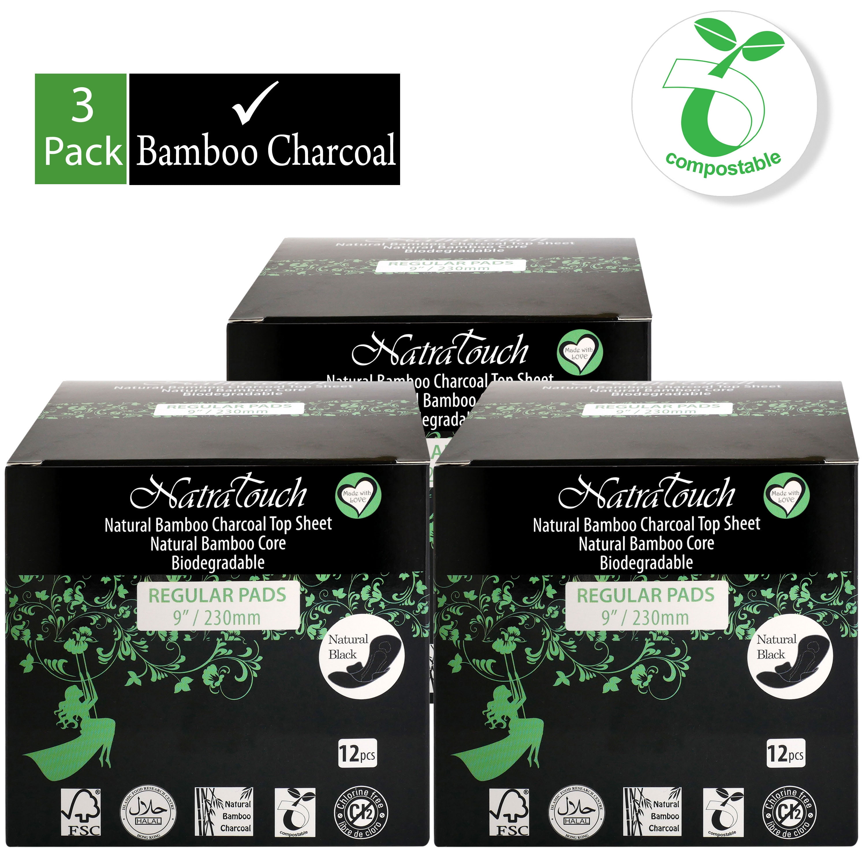 NATRATOUCH ~ COMPOSTABLE ~ NATURAL BAMBOO CHARCOAL SANITARY PADS (REGULAR PAD - 3 PACK total 36 pads)
