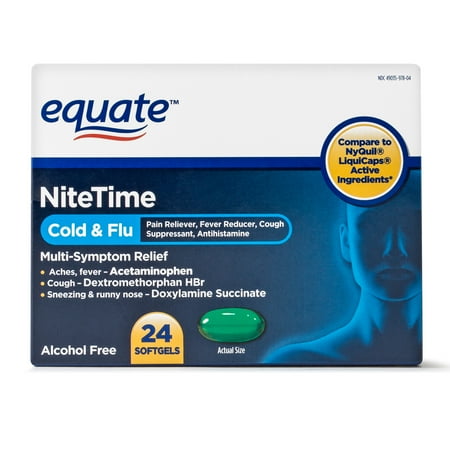 Equate NiteTime Cold & Flu Multi Symptom Acetaminophen Softgels, 325 mg, 24 Ct