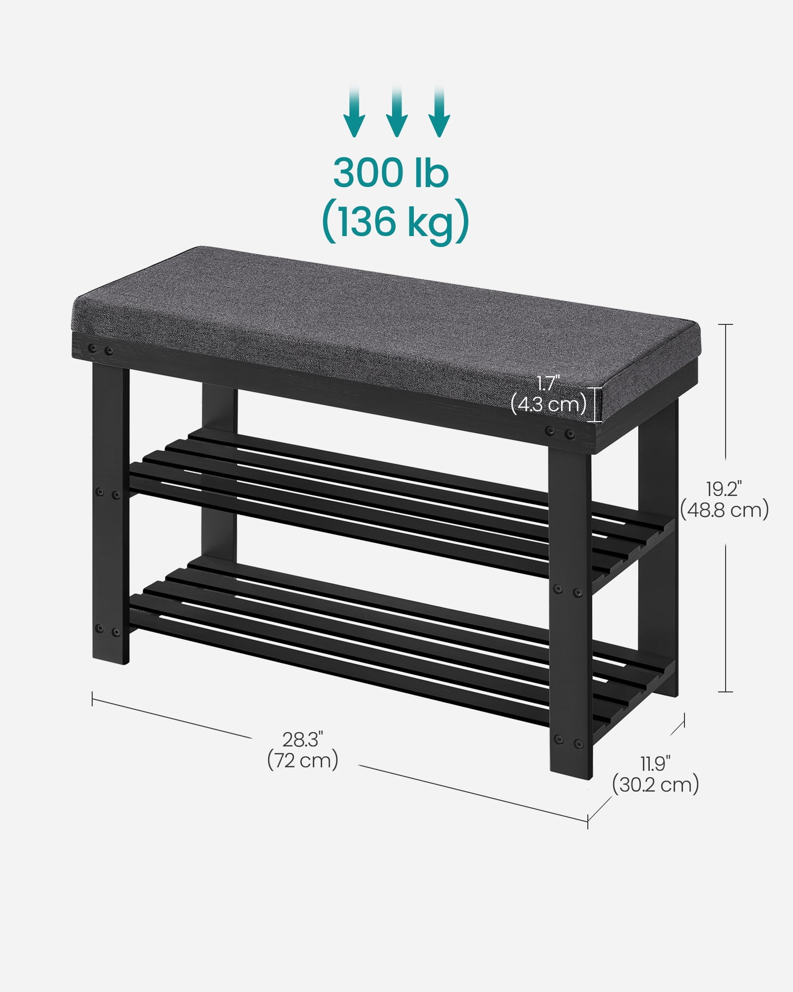 LEDREM Shoe Bench with Cushion, 3-Tier Sturdy Entryway Shoe Rack Organizer, Black and Gray
