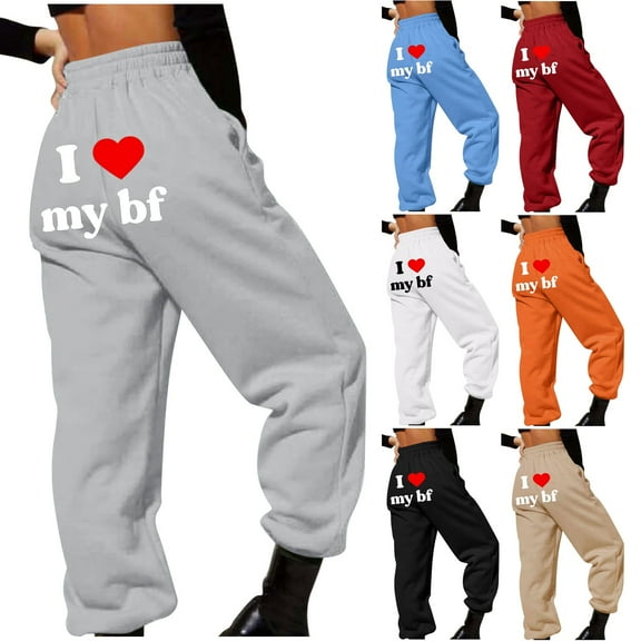QATAINLAV Womens Trendy Letter Graphic Print Sweatpants with Pockets for Valentines Casual Elastic High Waist Joggers Pants Baggy Cinch Bottom Trousers Black L Weekly Prime