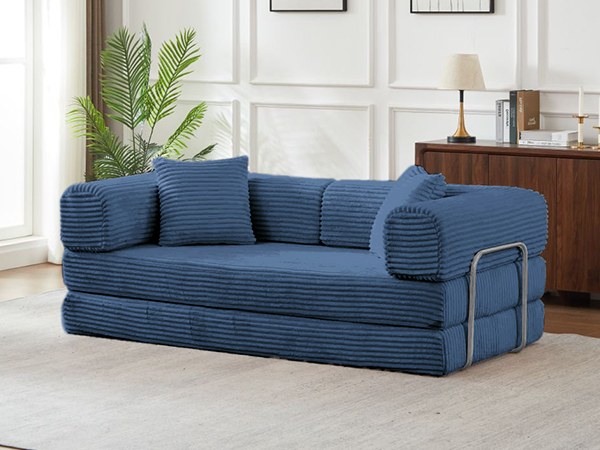 Gewnee Blue 2-in-1 Convertible Corduroy Sofa Bed with High-Density Sponge No Assembly for Apartment Dorm Office