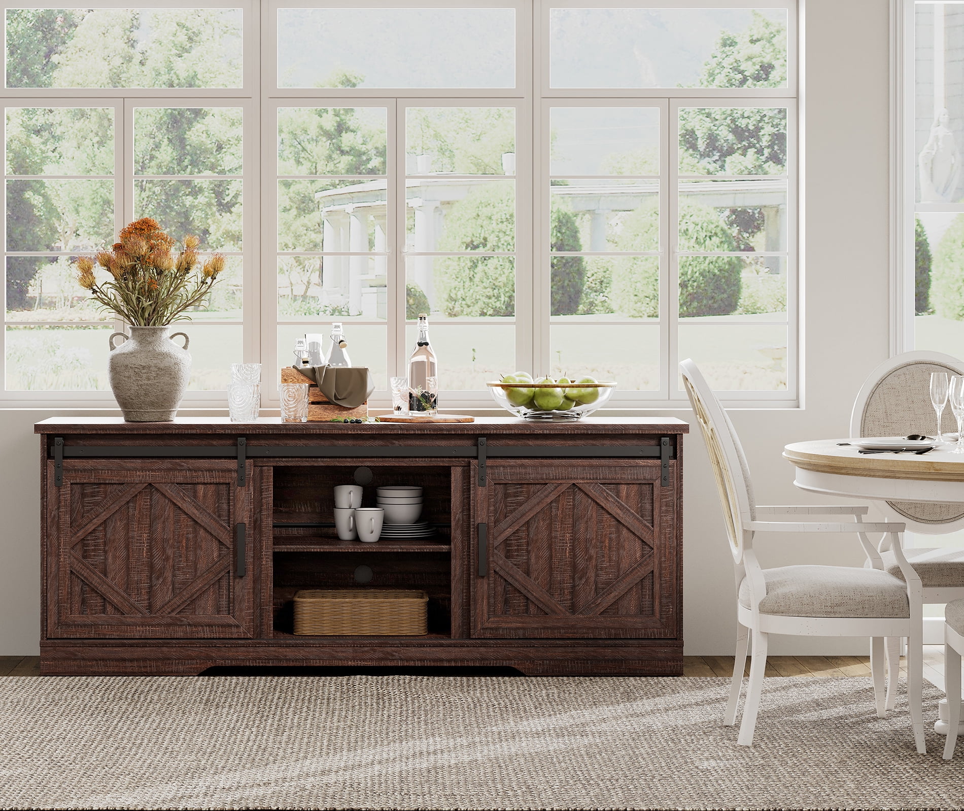 WAMPAT Farmhouse 75 in TV Stand and Coffee Table Set, Entertainment Center for TVs Up to 75", 30" Square Wood Center Table with Gas Spring Flip-Top for Living Room,Dark Brown