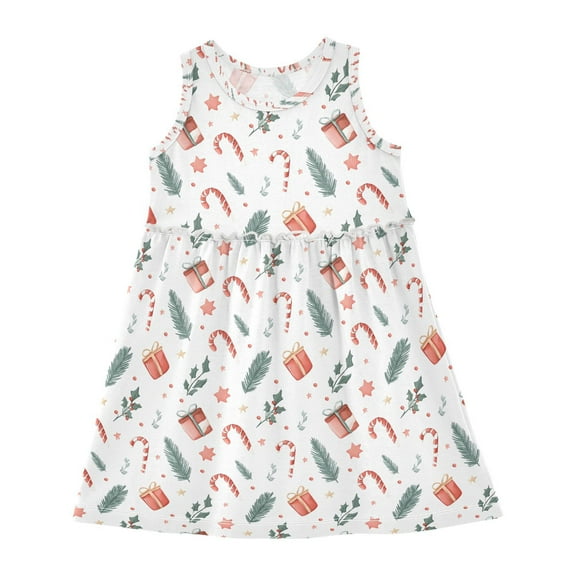 Girls Dress Candy Cane Gift Box Sleeveless Dress for Girls Hem A-Line Casual Sundress