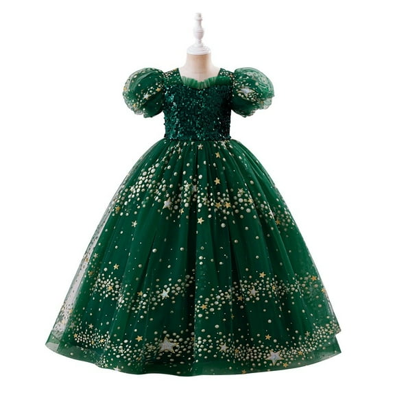Girls Princess Dresses Sequin Tulle Ball Gown Elegant Star Pattern Puff Sleeve Formal Party Dress for Birthday Wedding